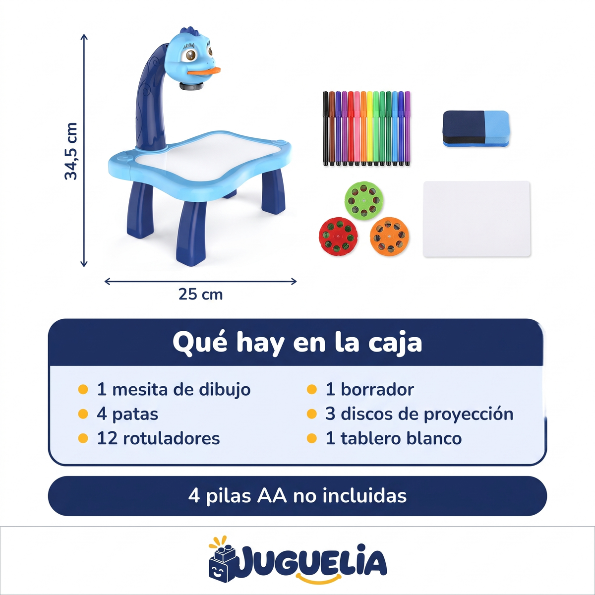 Mesita de dibujo con proyector dinosaurio azul - que hay en la caja, 4 pilas AA no incluidas
