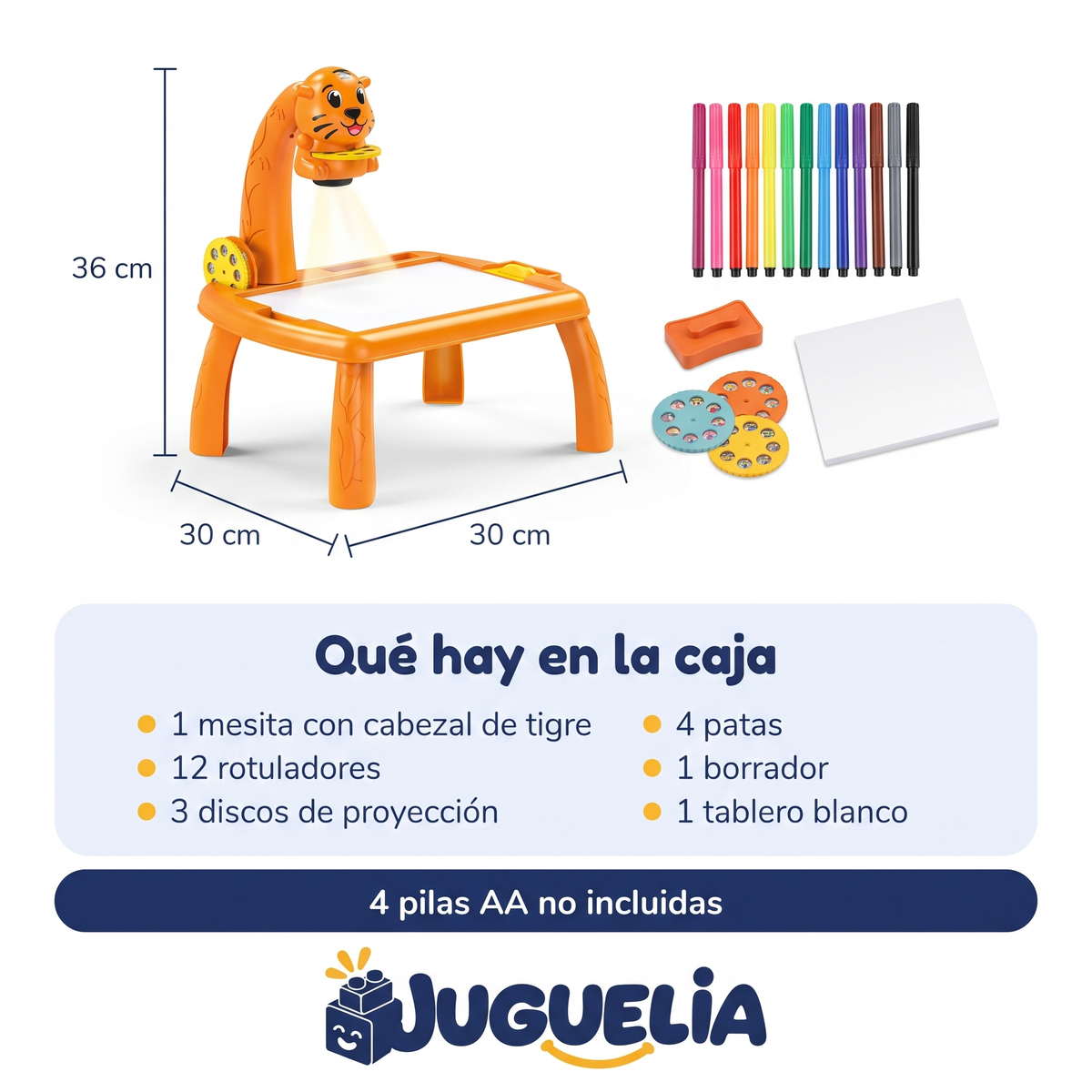 Mesita de dibujo con proyector tigre - que hay en la caja, 4 pilas AA no incluidas
