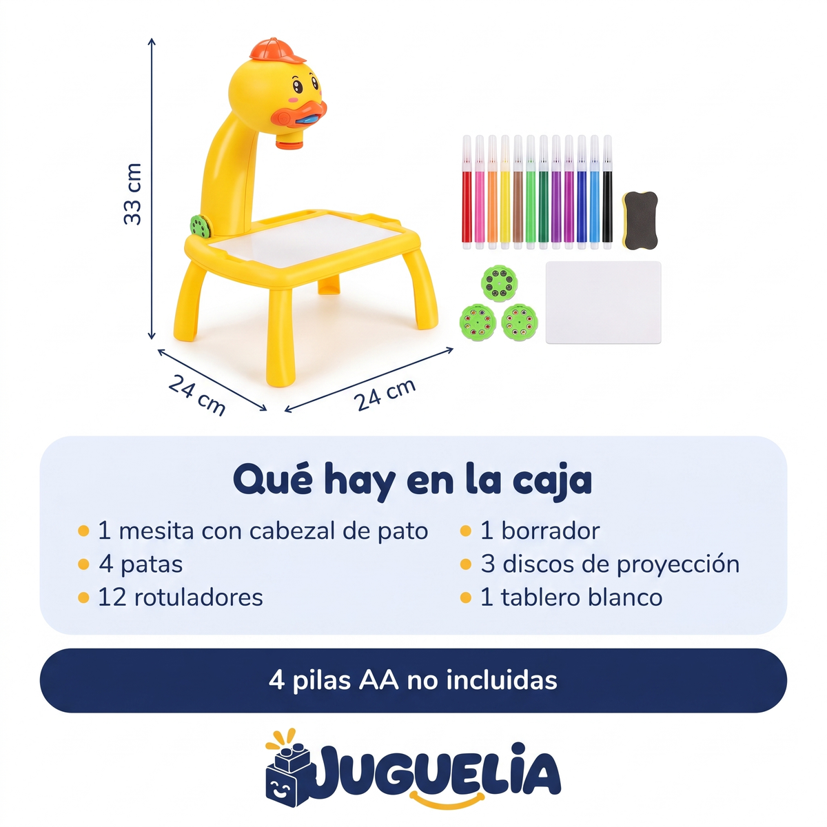 Mesita de dibujo con proyector pato amarillo - que hay en la caja, 4 pilas AA no incluidas