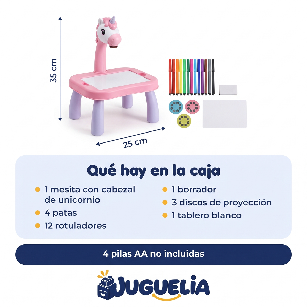 Mesita de dibujo con proyector unicornio rosa - que hay en la caja, 4 pilas AA no incluidas