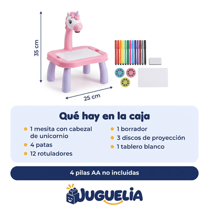 Mesita de dibujo con proyector unicornio rosa - que hay en la caja, 4 pilas AA no incluidas