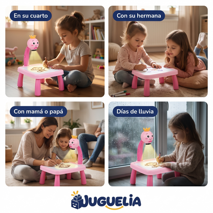 Mesita de dibujo con proyector rosa - donde y con quien