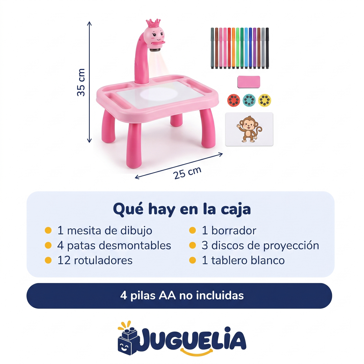 Mesita de dibujo con proyector rosa - que hay en la caja, 4 pilas AA no incluidas