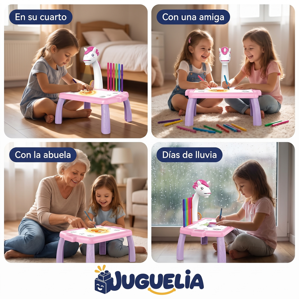 Mesita de dibujo con proyector unicornio rosa - donde y con quien