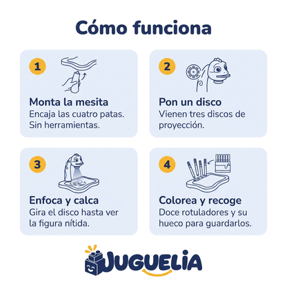 Mesita de dibujo con proyector dinosaurio azul - como funciona