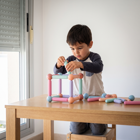 Bloques magnéticos — niño de 4 años montando una figura en la mesa