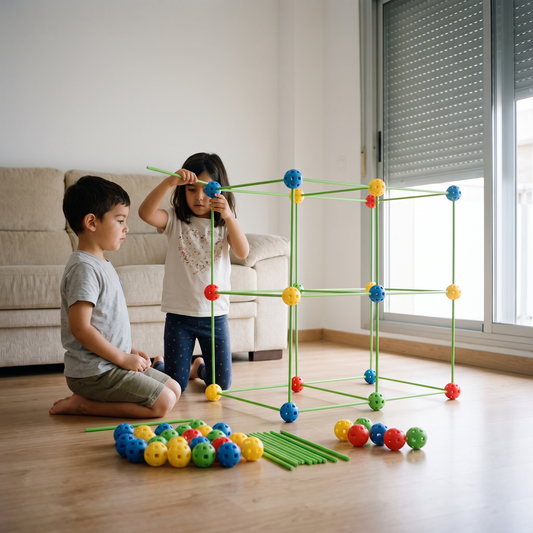 Kit de cabañas 87 piezas — dos niños montando el cubo