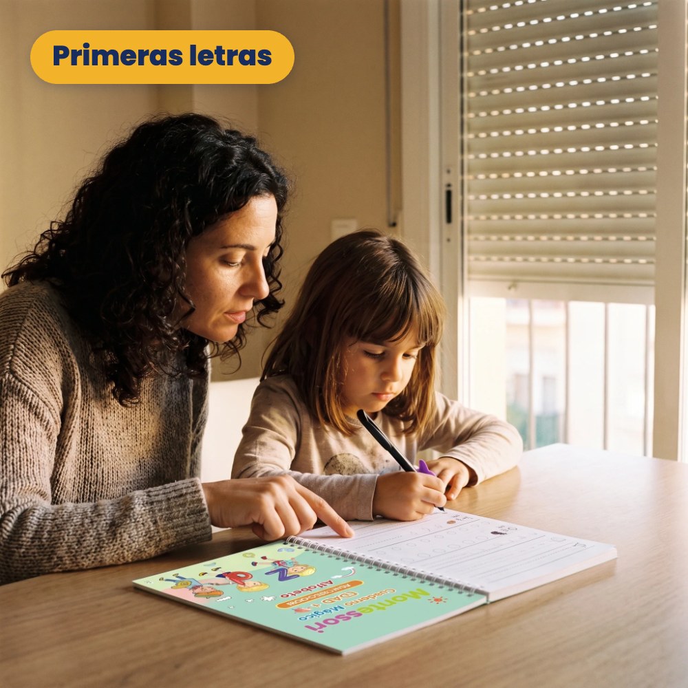 Madre acompañando a su hija con el cuaderno mágico