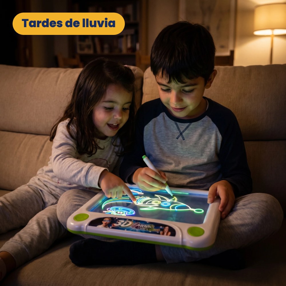 Hermanos dibujando con la pizarra mágica 3D en el sofá