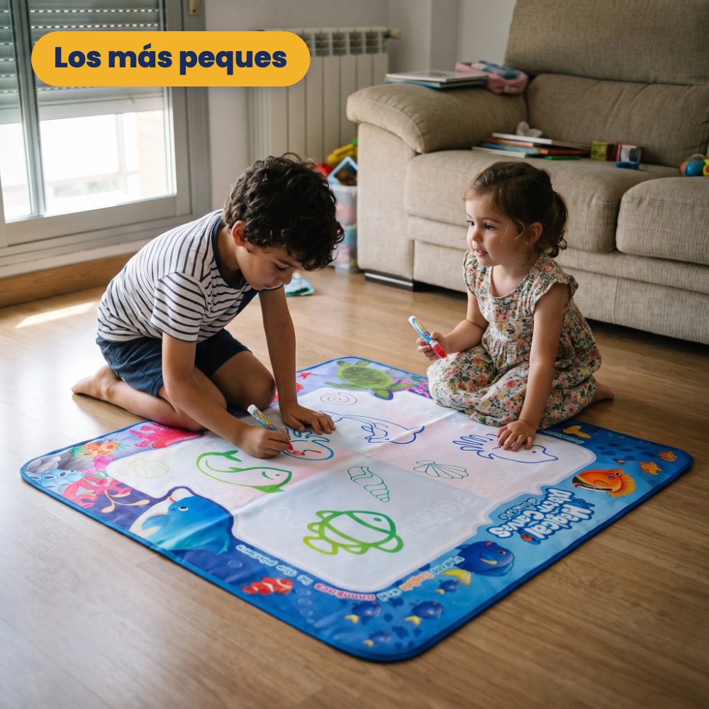 Hermanos dibujando con agua en la alfombra mágica