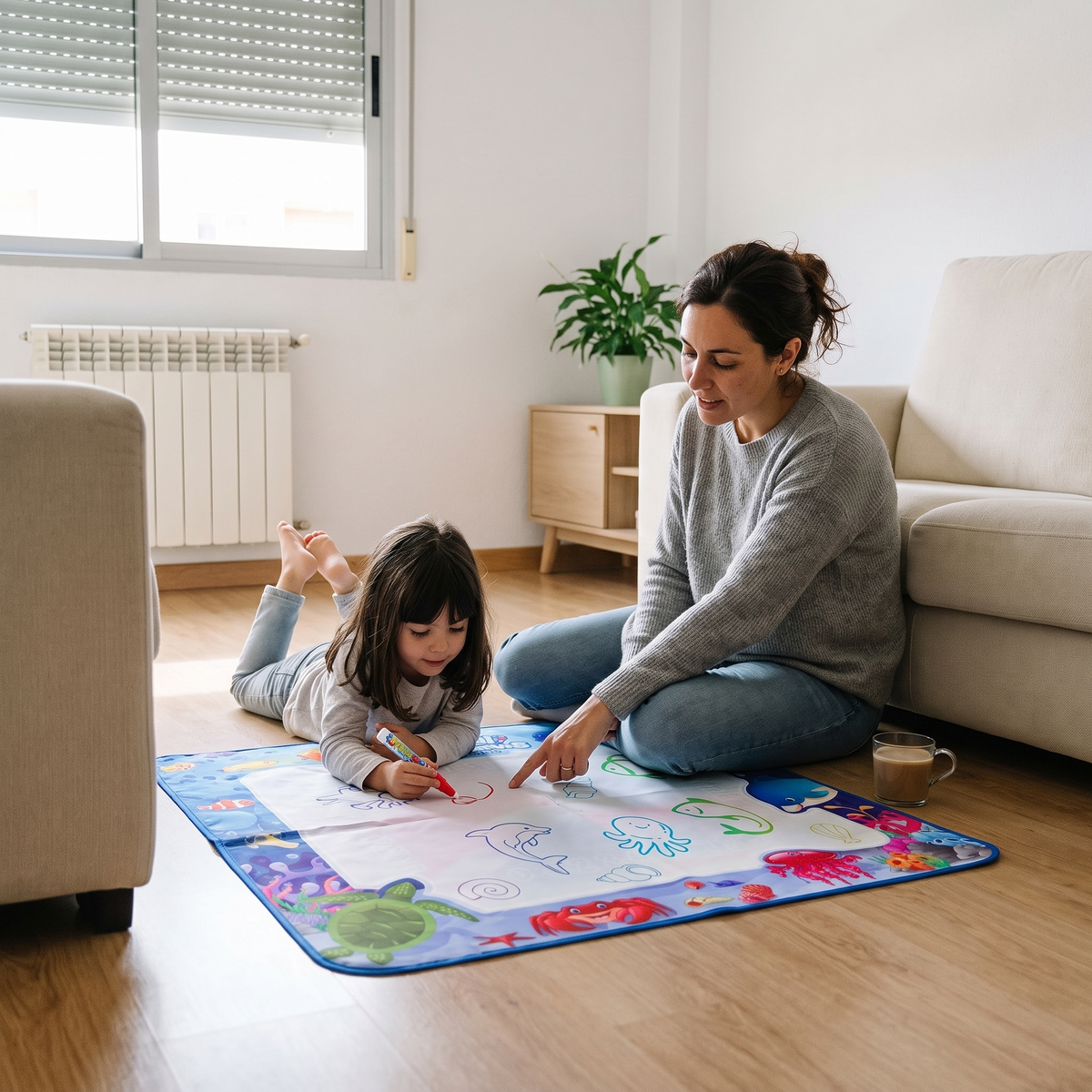 Alfombra mágica para dibujar con agua — Madre e hija, momento cotidiano