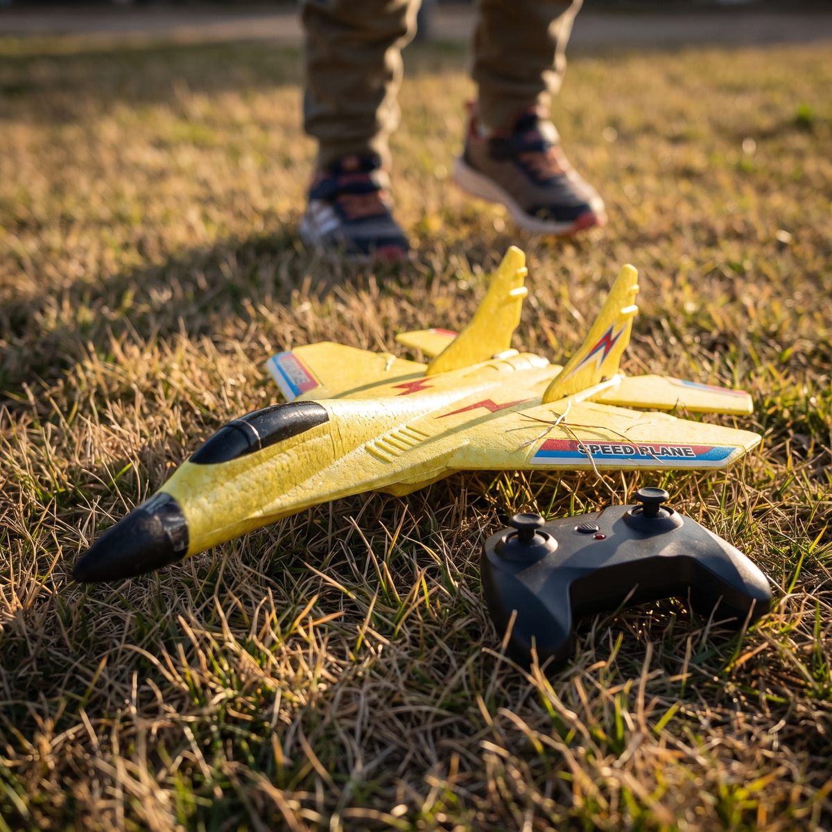 Avión teledirigido — El avión y el mando en la hierba