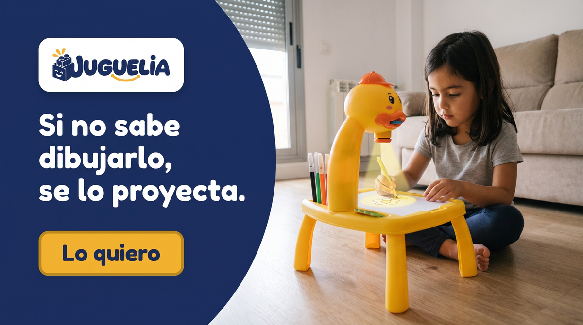 Mesita de dibujo con proyector · Pato amarillo — banner JUGUELIA