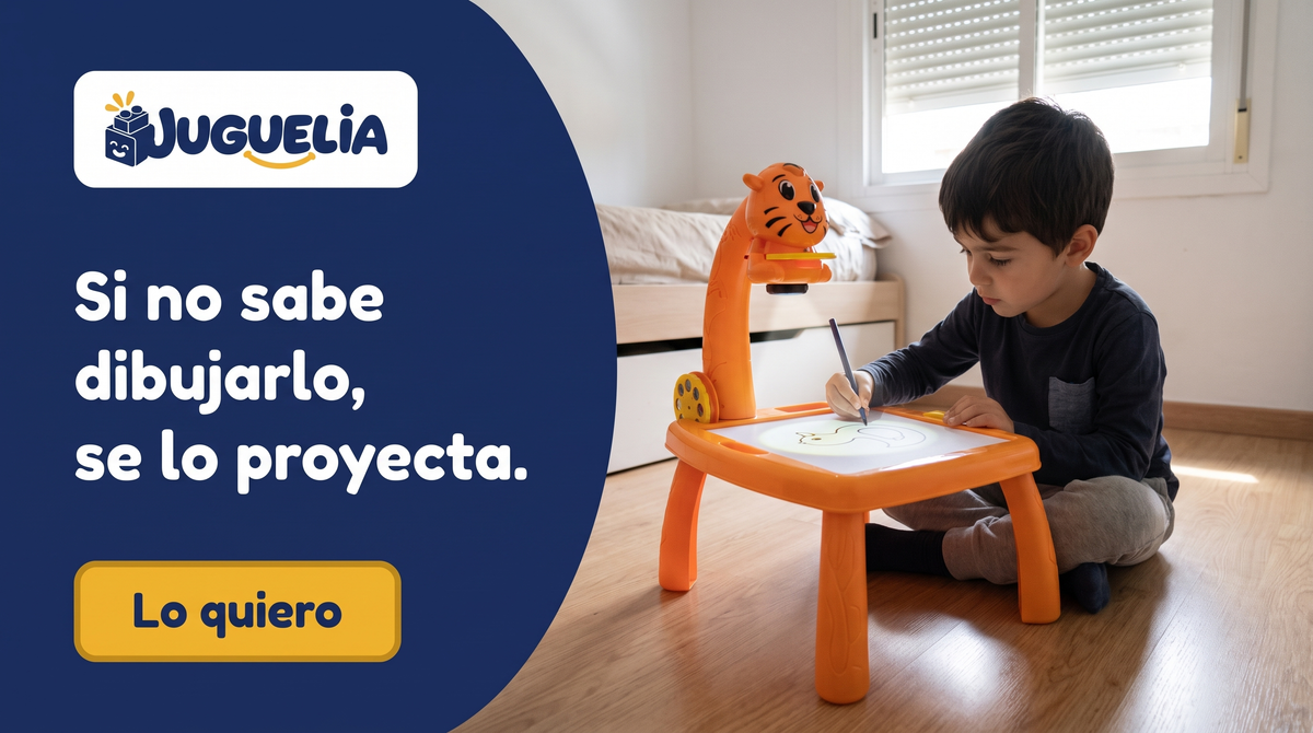 Mesita de dibujo con proyector · Tigre naranja — banner JUGUELIA