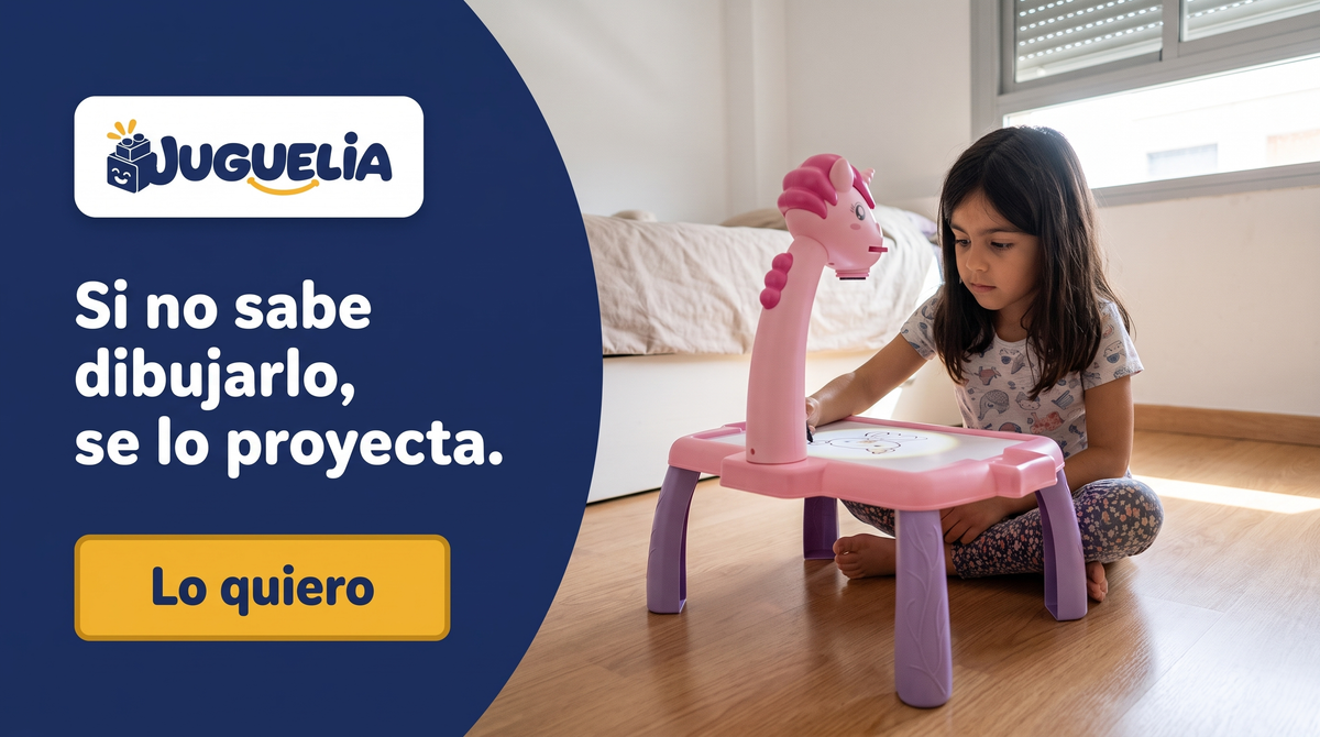 Mesita de dibujo con proyector · Unicornio rosa — banner JUGUELIA
