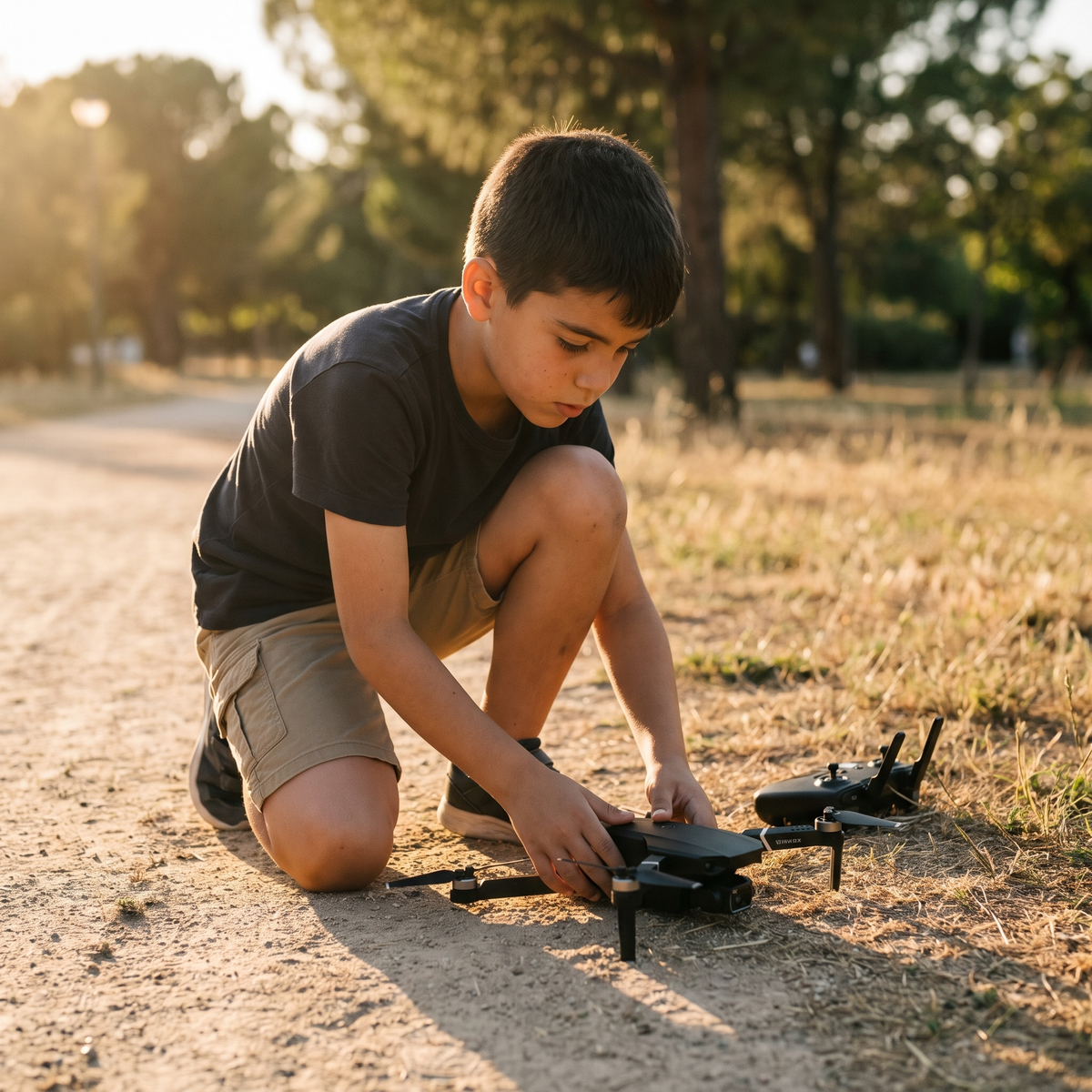 Niño colocando el dron en el suelo antes de despegar