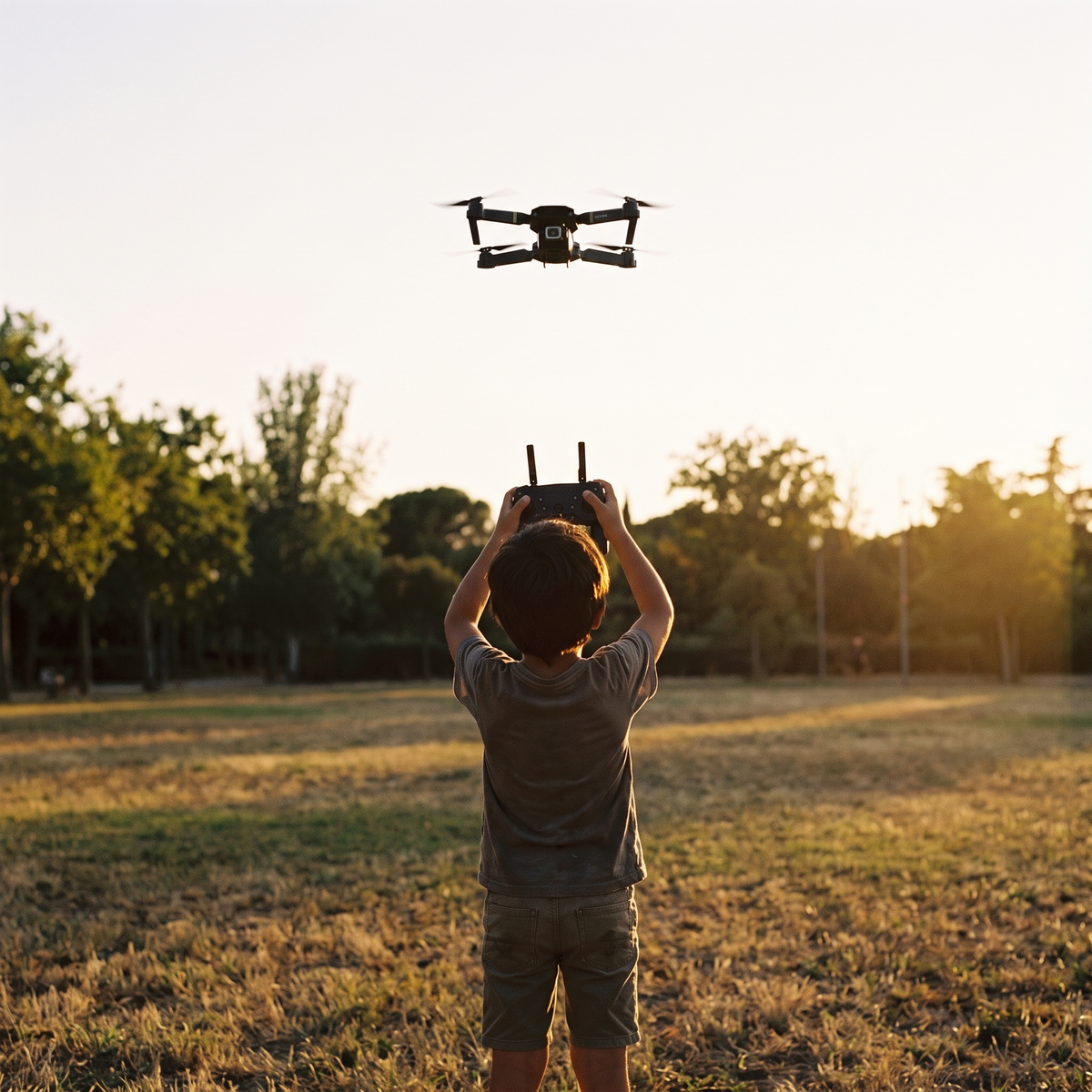 El dron en el aire y el niño de espaldas con el mando