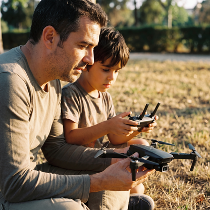 Un adulto y un niño preparando el dron en el parque