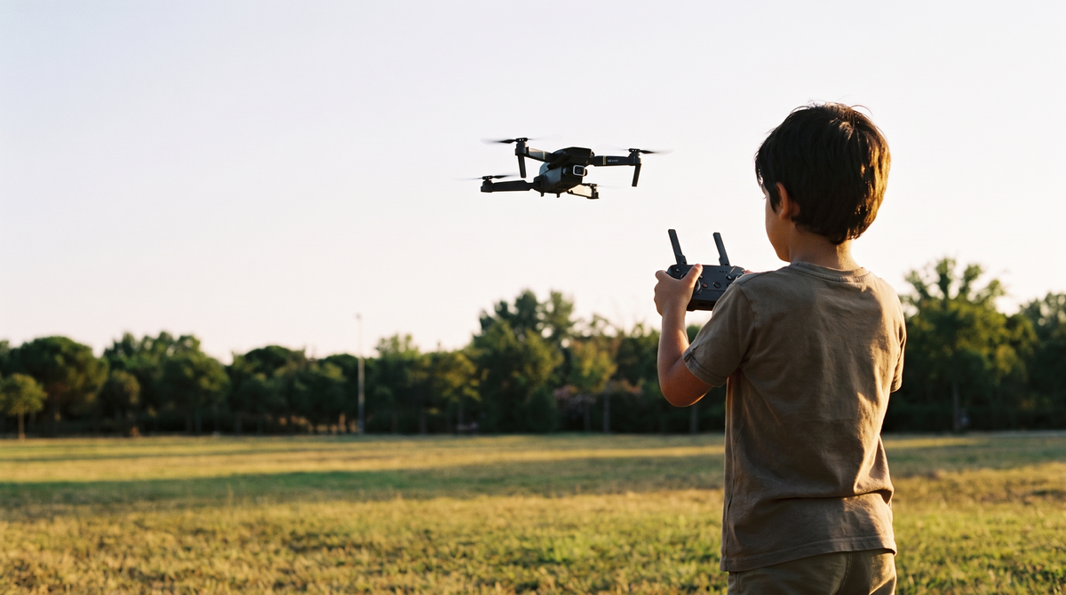 Niño de espaldas volando el dron en un parque a hora dorada