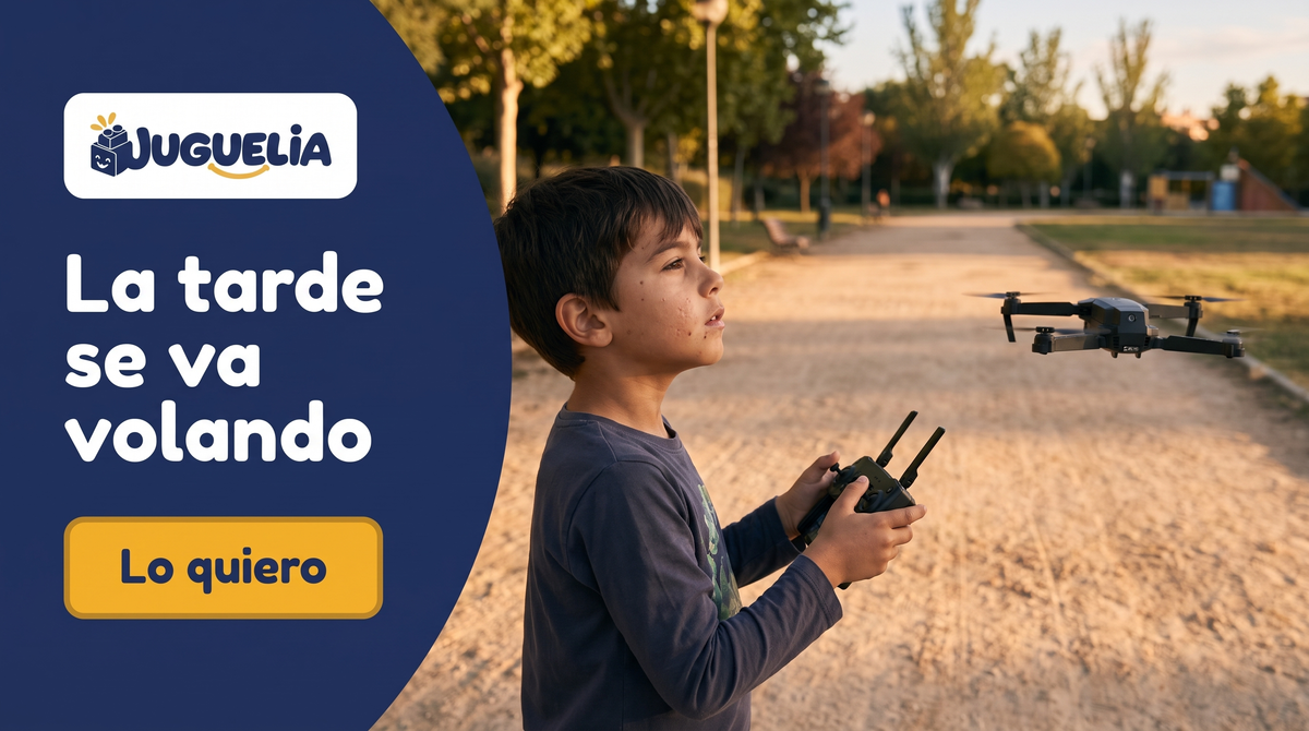 Niño volando el dron en un parque. Titular: La tarde se va volando