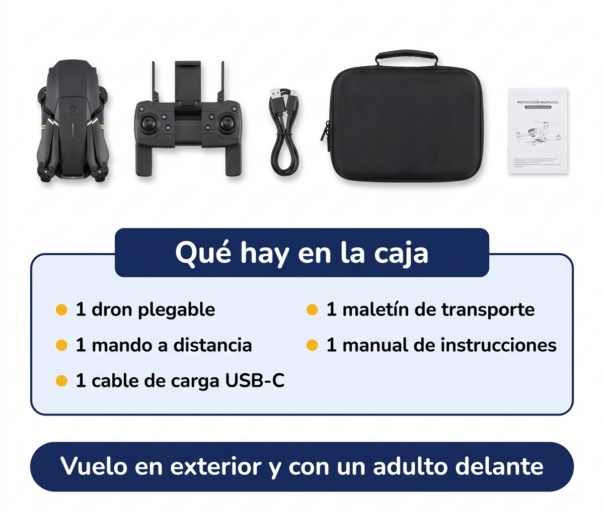 Qué hay en la caja del dron: dron plegable, mando, cable USB-C, maletín y manual