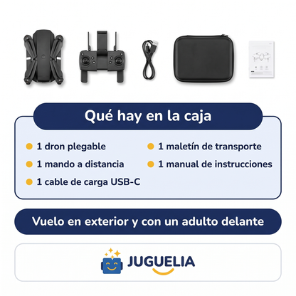 Qué hay en la caja del dron: dron plegable, mando, cable USB-C, maletín y manual