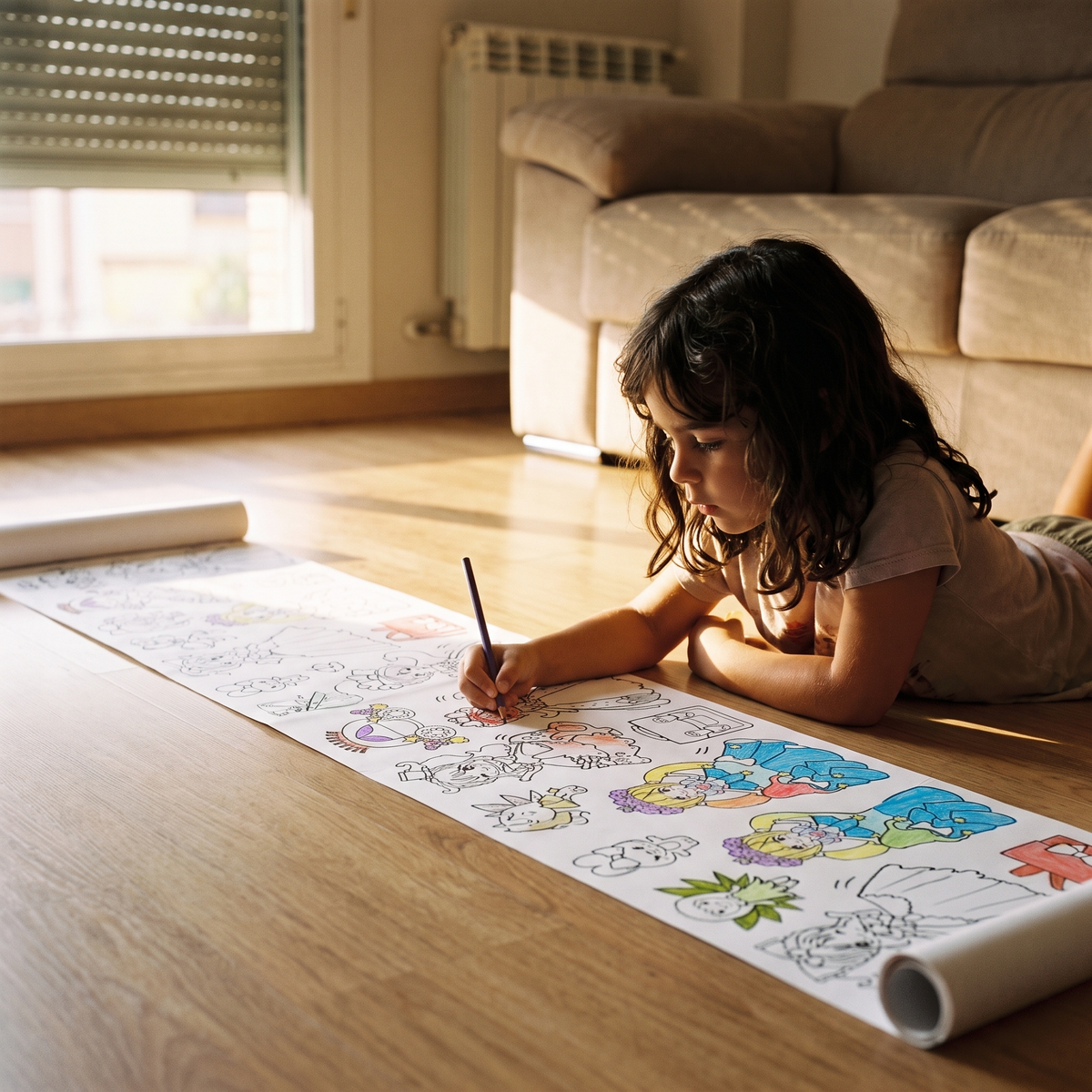 Niña coloreando el rollo desplegado en el suelo del salón