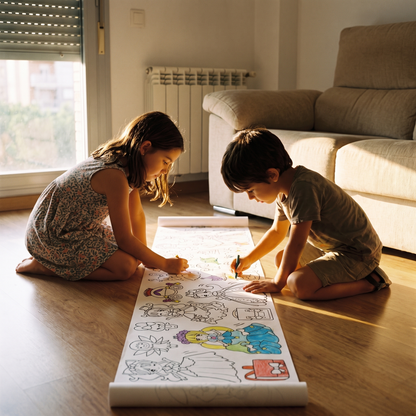 Dos hermanos coloreando a la vez el mismo rollo de dibujo