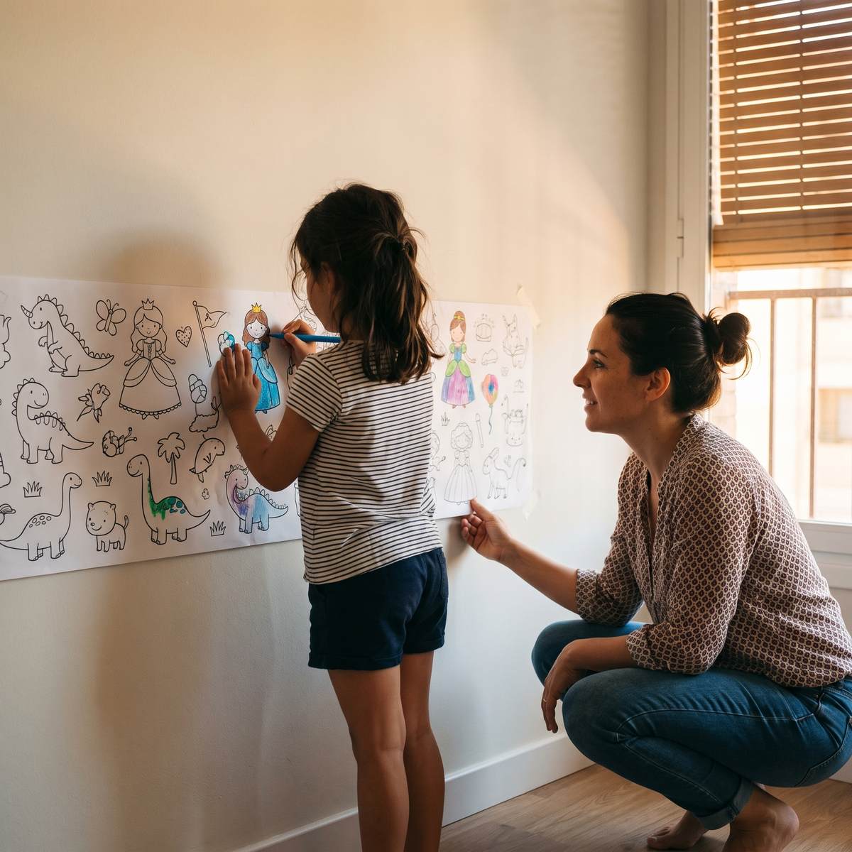 Niña coloreando el rollo pegado en la pared con su madre al lado