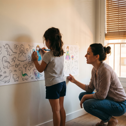 Niña coloreando el rollo pegado en la pared con su madre al lado