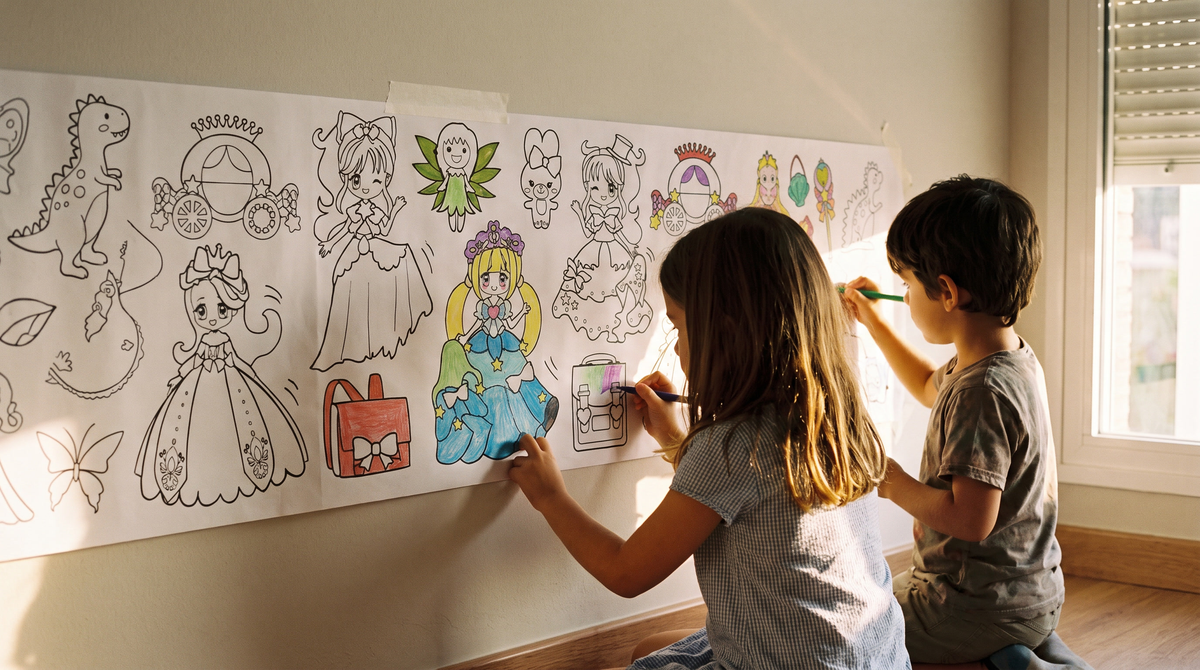 Dos hermanos coloreando a la vez el rollo de dibujo pegado en la pared