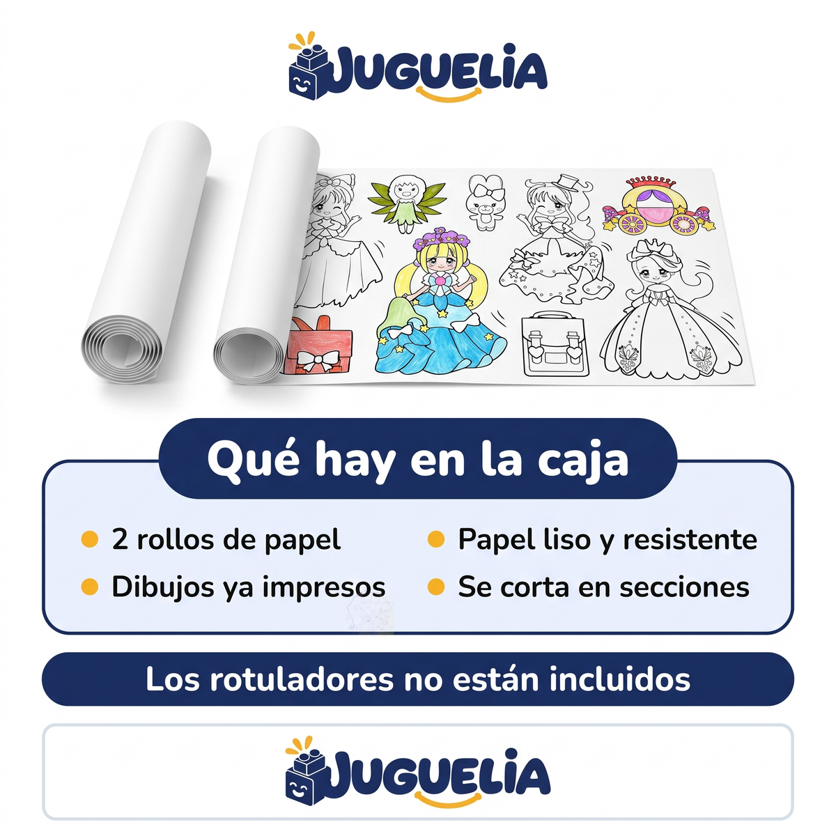 Qué hay en la caja del pack de 2 rollos de dibujo. Los rotuladores no están incluidos