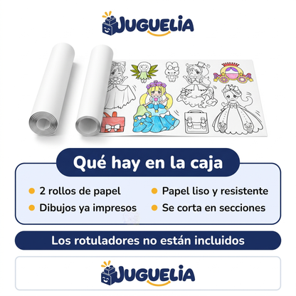 Qué hay en la caja del pack de 2 rollos de dibujo. Los rotuladores no están incluidos