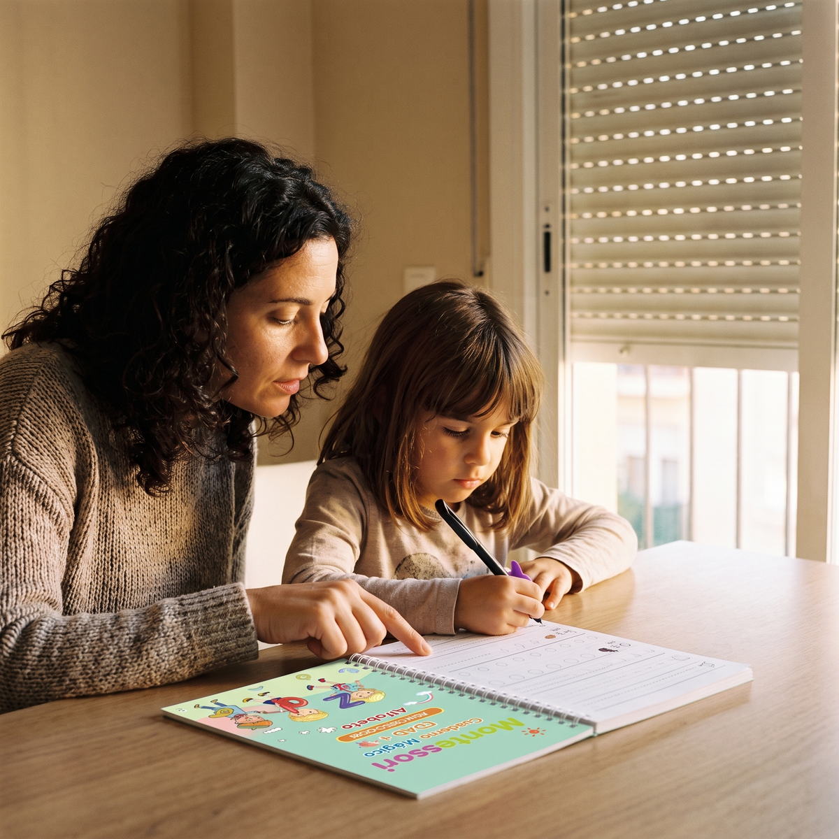 Madre acompañando a su hija mientras practica la escritura