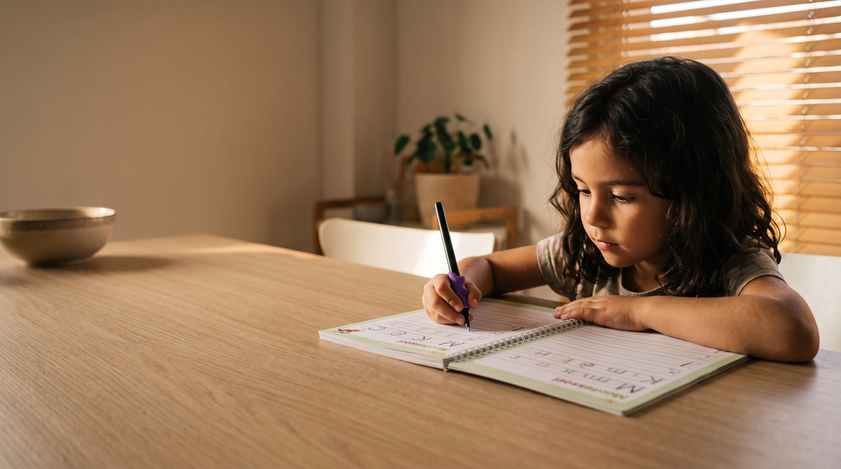 Niña escribiendo en el cuaderno mágico, luz de tarde