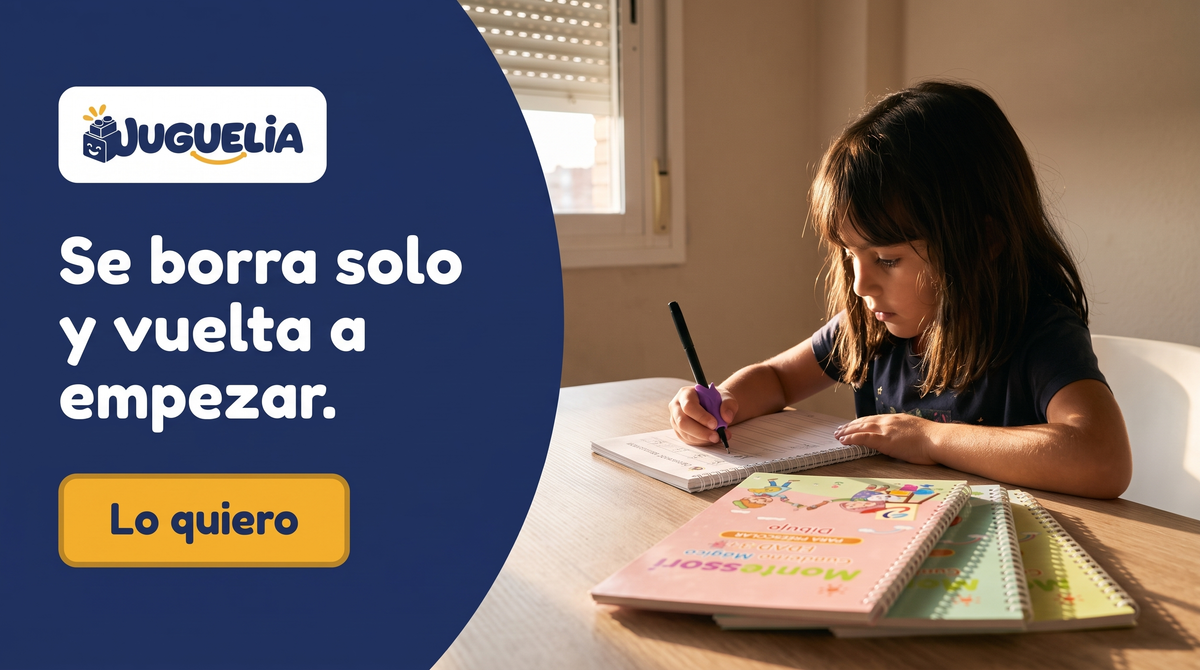 Niña escribiendo en el cuaderno mágico. Titular: Se borra solo y vuelta a empezar