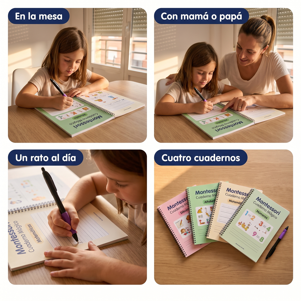 Cuatro escenas de uso del cuaderno mágico: en la mesa, con mamá o papá, un rato al día y cuatro cuadernos