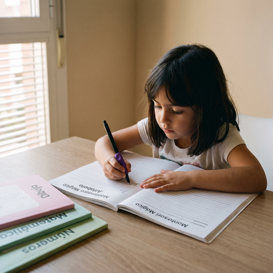 Niña escribiendo en el cuaderno mágico con el bolígrafo y su agarre, en la mesa