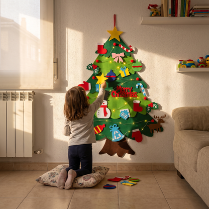 Niña poniendo la estrella en el árbol de Navidad de fieltro colgado en la pared