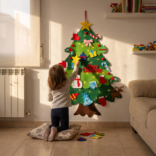 Niña poniendo la estrella en el árbol de Navidad de fieltro colgado en la pared