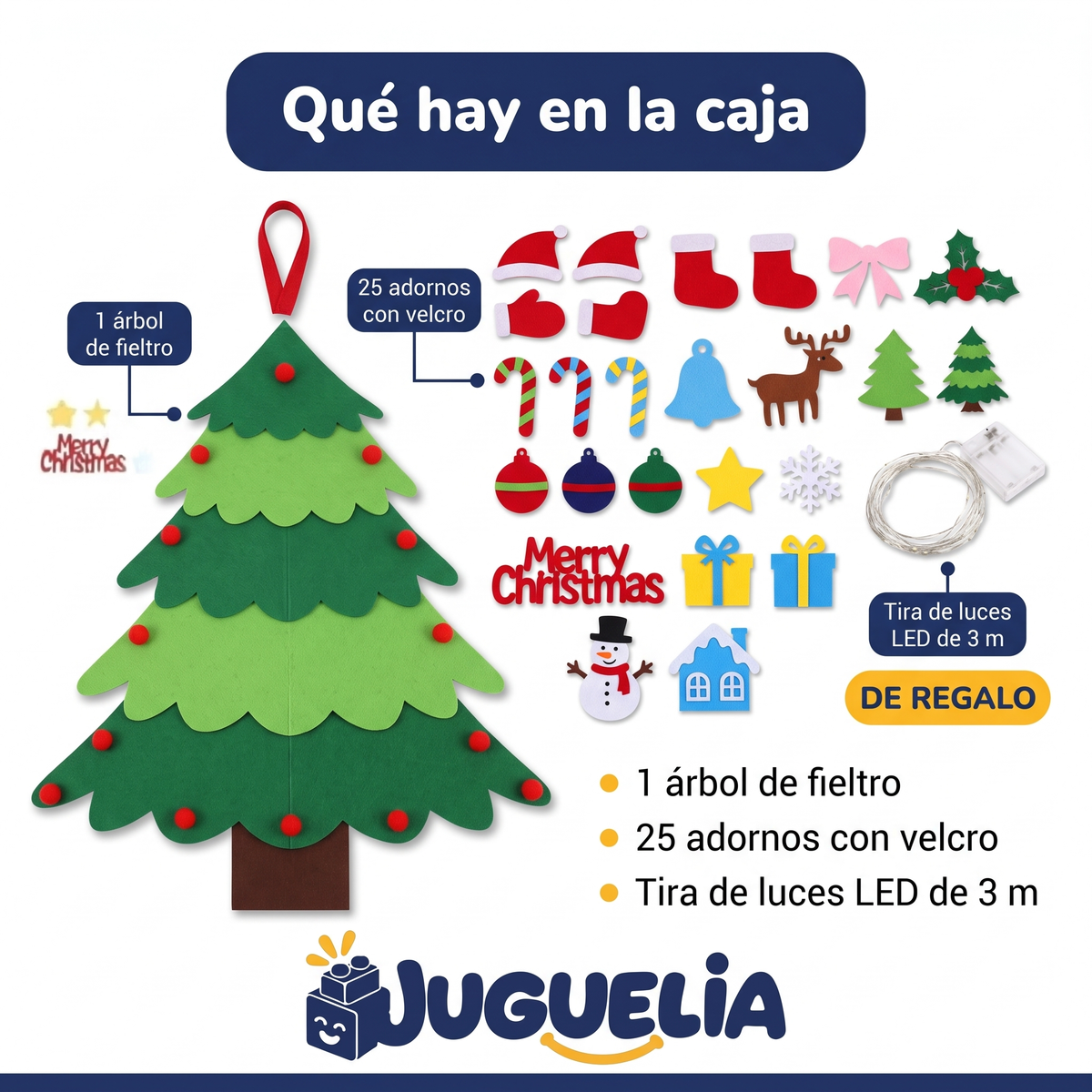 Qué hay en la caja: árbol de fieltro, adornos y luces LED de regalo