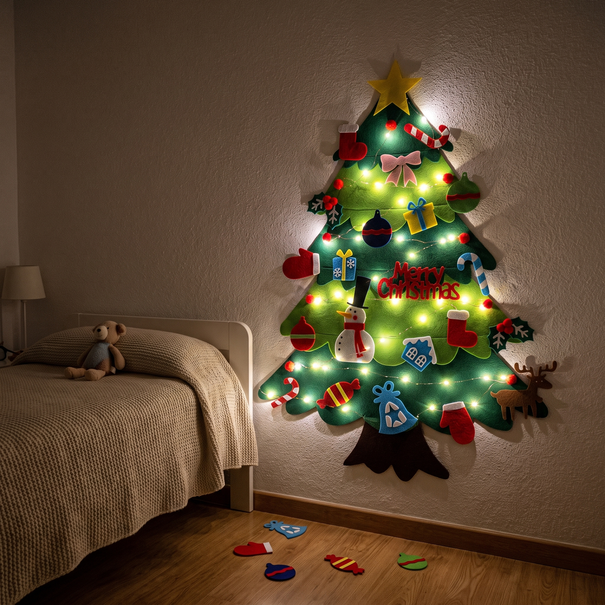 Árbol de fieltro con las luces encendidas de noche en el dormitorio