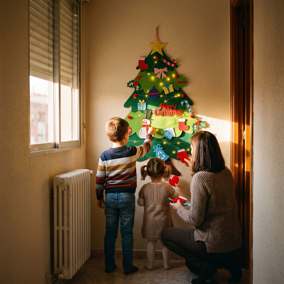Hermanos y su madre decorando el árbol de fieltro en el pasillo