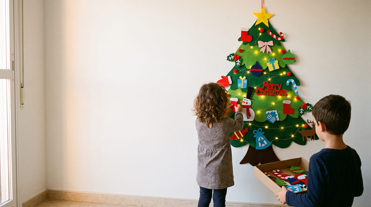 Hermanos decorando el árbol de Navidad de fieltro por la tarde