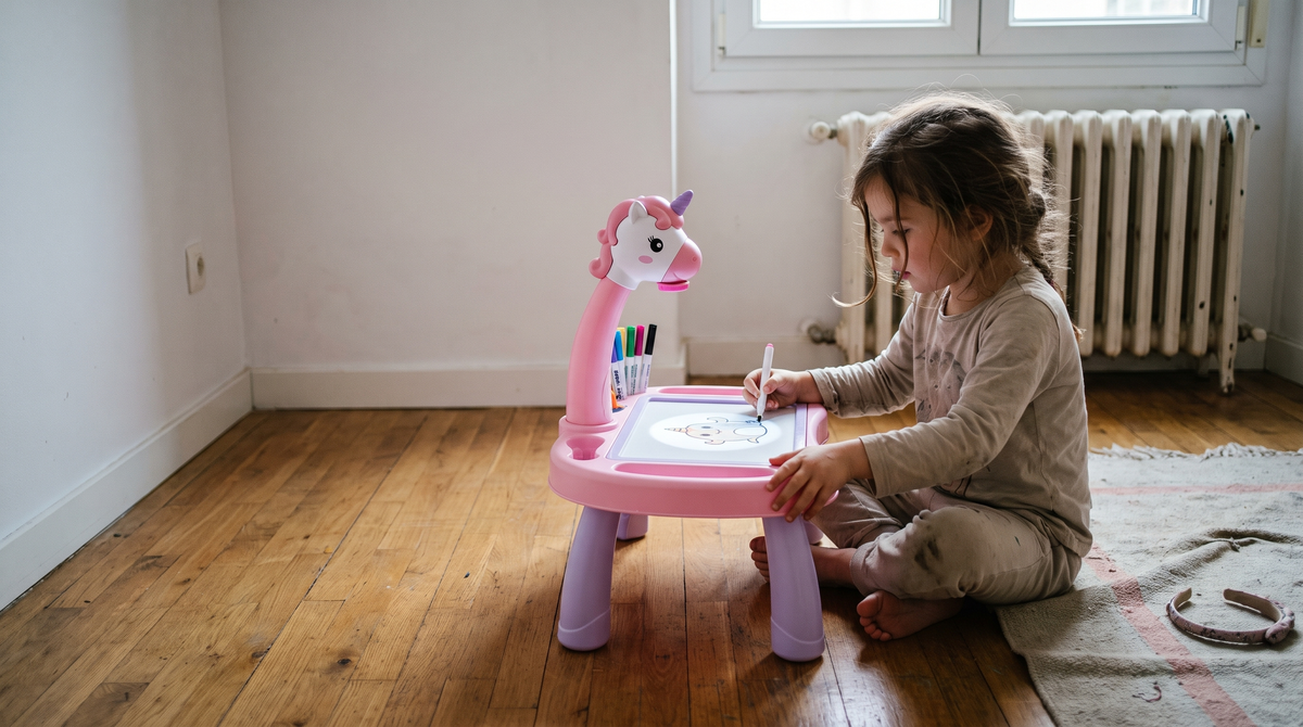 Banner sin texto de Mesita de dibujo con proyector – Unicornio rosa